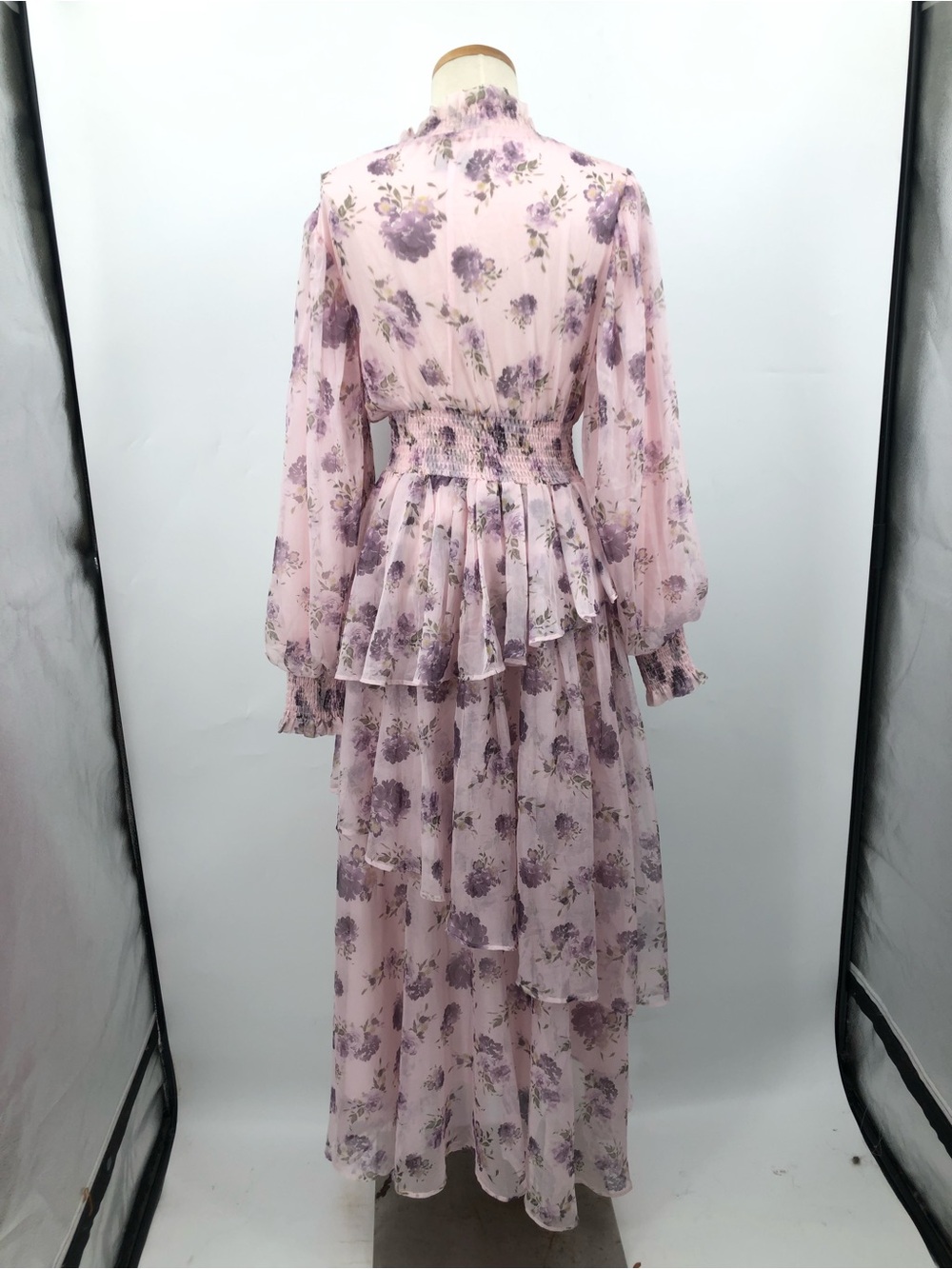 Batul The Collection floral tiered modest XS dress maxi dress chiffon PINK - Picture 8 of 12